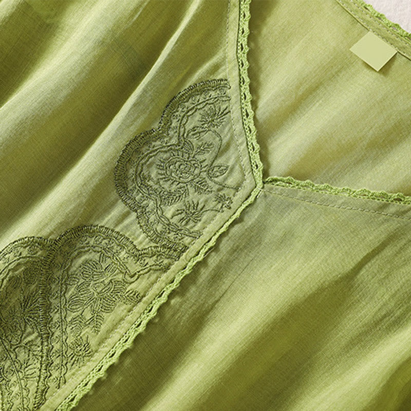 T-shirt décontracté à manches courtes et col en V pour femme, motif brodé Buddha Stones , en coton et lin - image 17