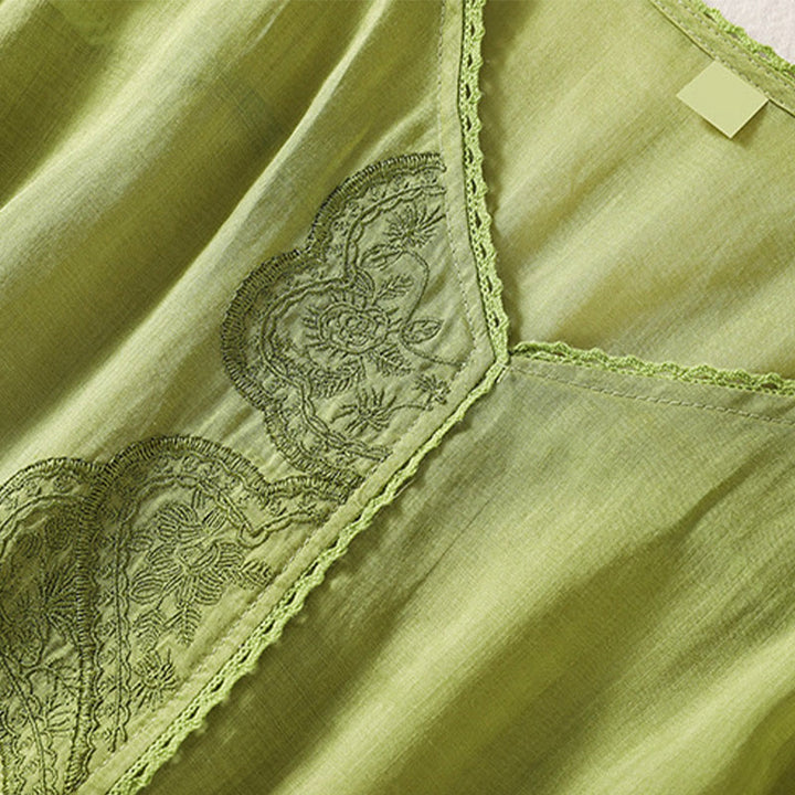 T-shirt décontracté à manches courtes et col en V pour femme, motif brodé Buddha Stones , en coton et lin - image 17