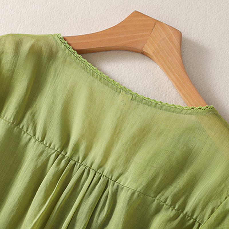 T-shirt décontracté à manches courtes et col en V pour femme, motif brodé Buddha Stones , en coton et lin - image 21