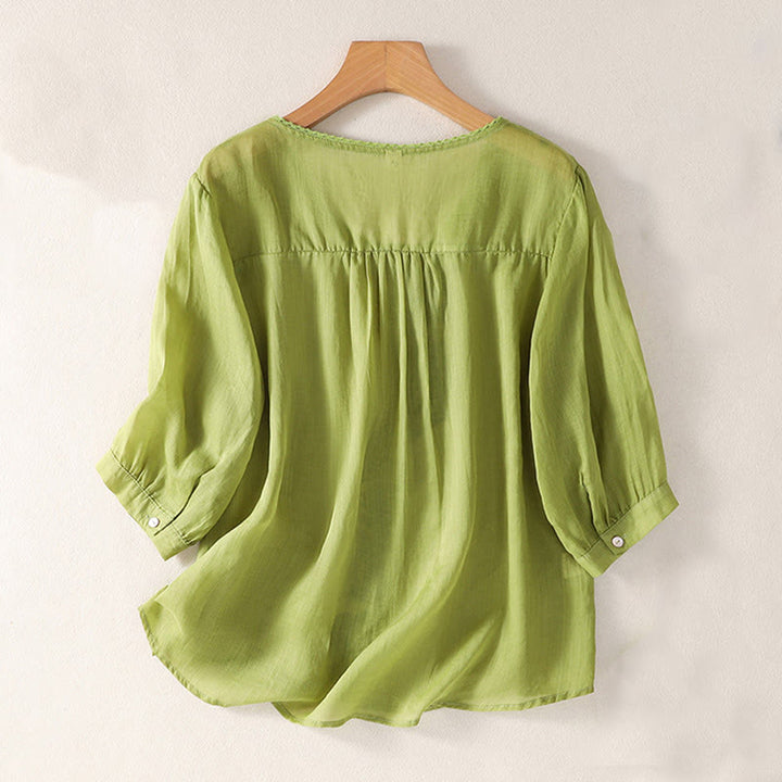 T-shirt décontracté à manches courtes et col en V pour femme, motif brodé Buddha Stones , en coton et lin - image 15