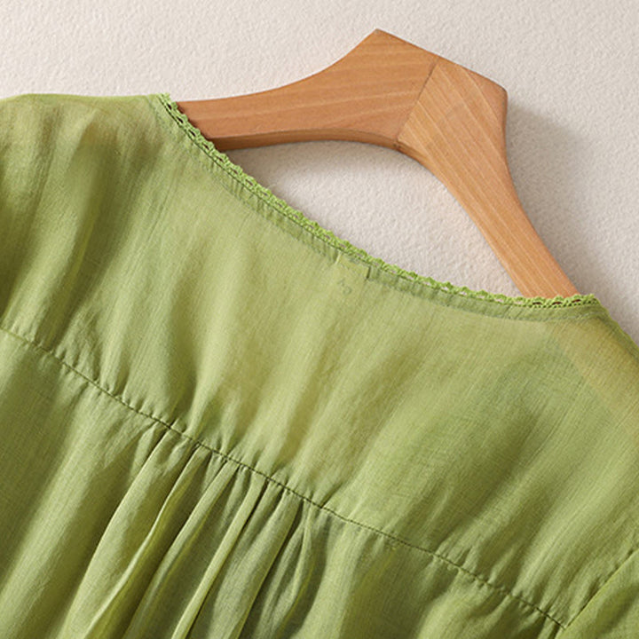 T-shirt décontracté à manches courtes et col en V pour femme, motif brodé Buddha Stones , en coton et lin - image 21