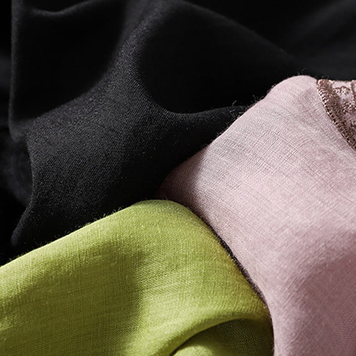 T-shirt décontracté à manches courtes et col en V pour femme, motif brodé Buddha Stones , en coton et lin - image 22