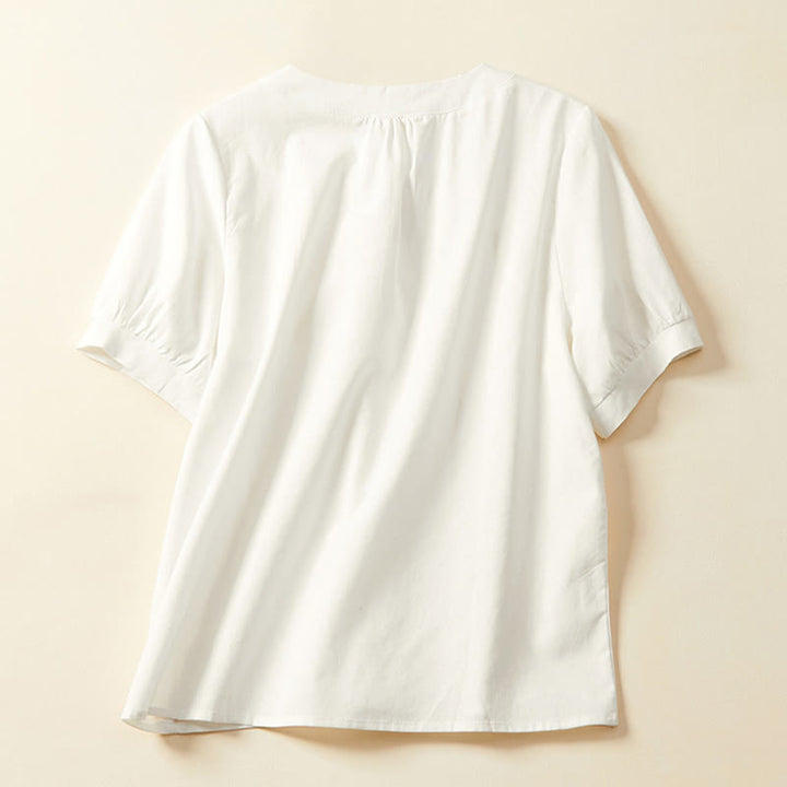 T-shirt décontracté à manches courtes en coton et lin pour femme avec Buddha Stones - image 4