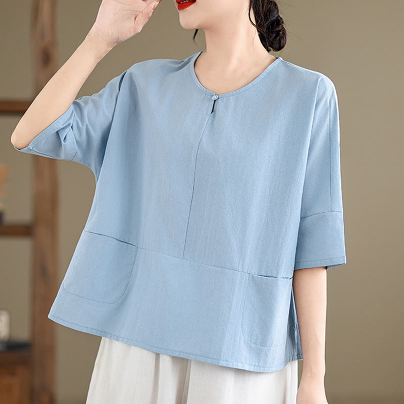 T-shirt décontracté à manches mi-longues en coton et polyester avec poches pour femme Motif Buddha Stones - Bleu ciel clair - US14，UK/AU18，EU46 (2XL) - image 1