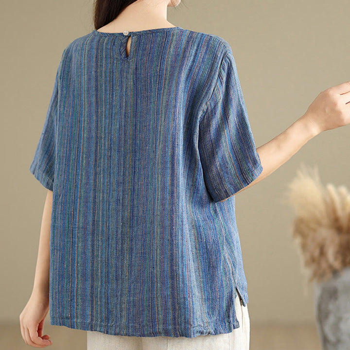 T-shirt décontracté à manches mi-longues en coton et lin à rayures rétro pour femme Buddha Stones - image 9