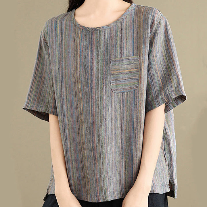 T-shirt décontracté à manches mi-longues en coton et lin à rayures rétro pour femme Buddha Stones - Gris ardoise - US12，UK/AU16，EU44 (2XL) - image 11