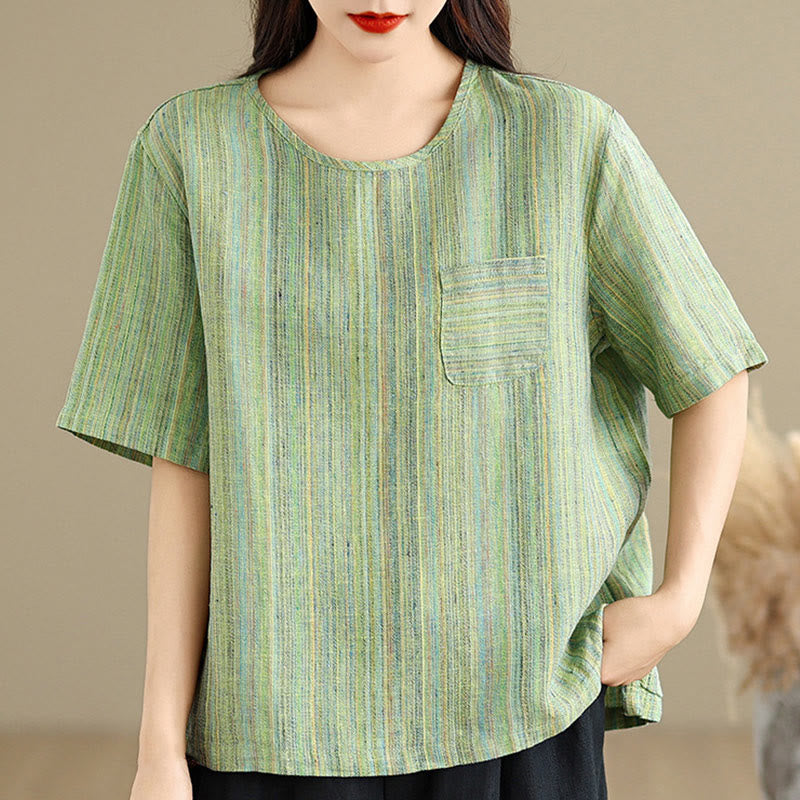 T-shirt décontracté à manches mi-longues en coton et lin à rayures rétro pour femme Buddha Stones - image 19