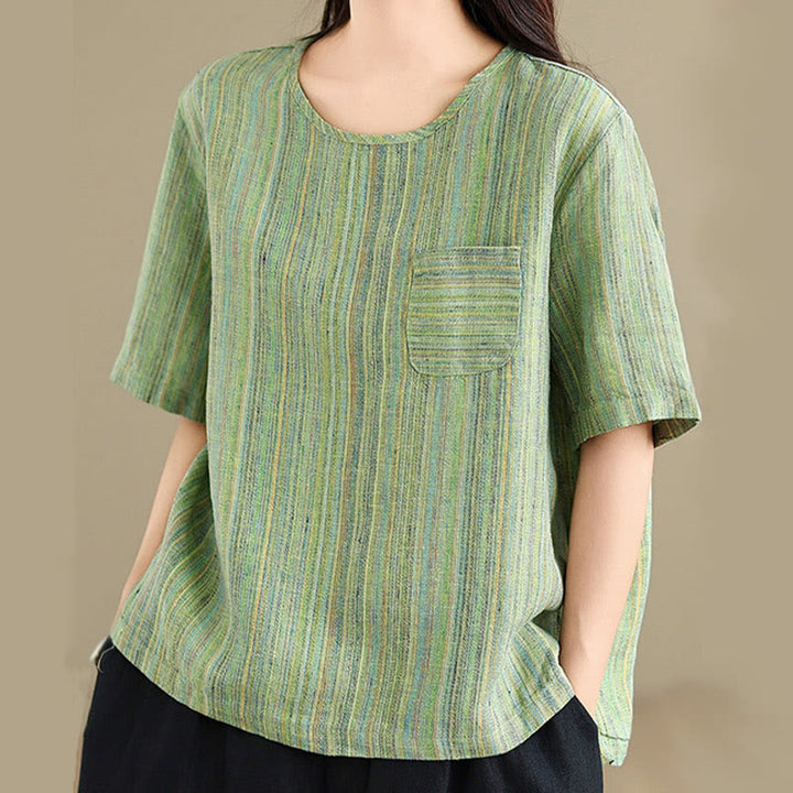 T-shirt décontracté à manches mi-longues en coton et lin à rayures rétro pour femme Buddha Stones - image 17