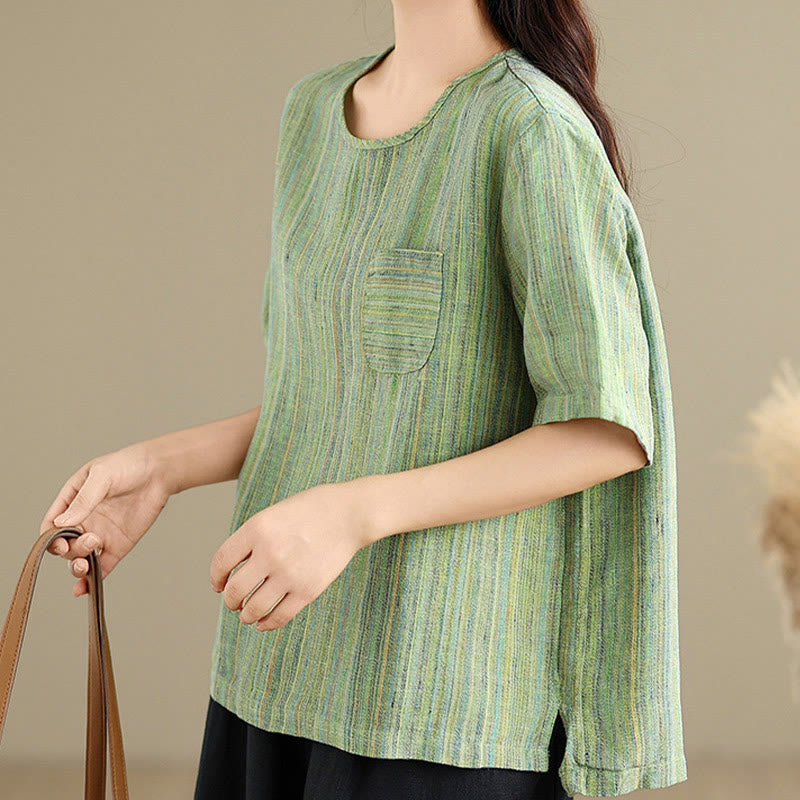 T-shirt décontracté à manches mi-longues en coton et lin à rayures rétro pour femme Buddha Stones - image 19