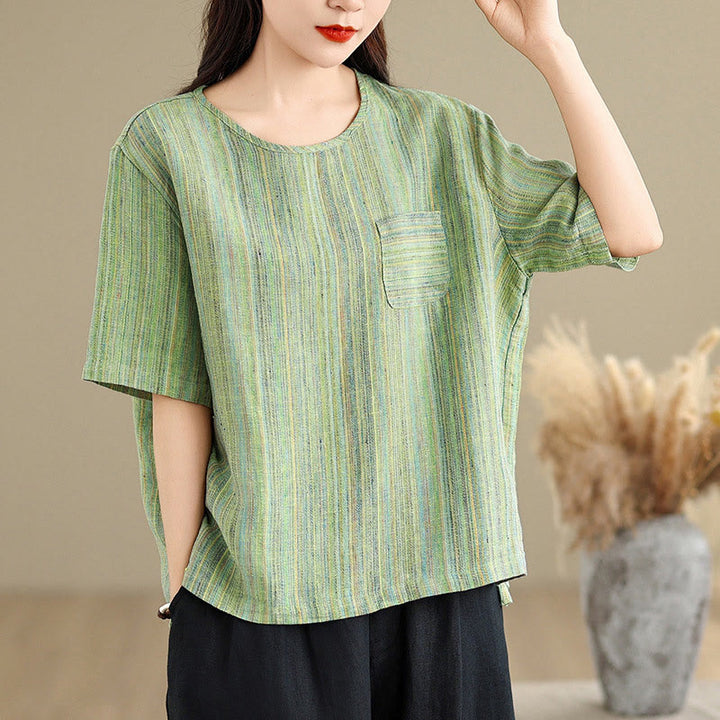 T-shirt décontracté à manches mi-longues en coton et lin à rayures rétro pour femme Buddha Stones - Vert foncé - US12，UK/AU16，EU44 (2XL) - image 16