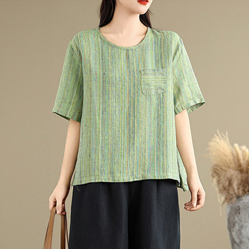 T-shirt décontracté à manches mi-longues en coton et lin à rayures rétro pour femme Buddha Stones - image 18