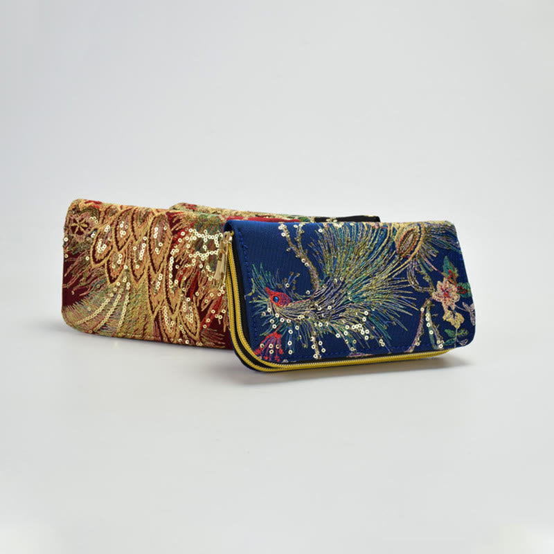 Porte-monnaie avec broderie recto verso en forme de paon et Buddha Stones