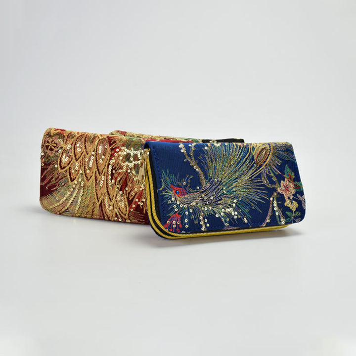 Porte-monnaie avec broderie recto verso en forme de paon et Buddha Stones