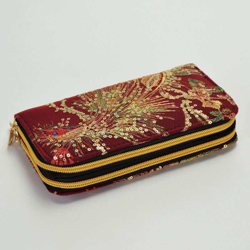 Porte-monnaie avec broderie recto verso en forme de paon et Buddha Stones - Paon rouge vin - image 8