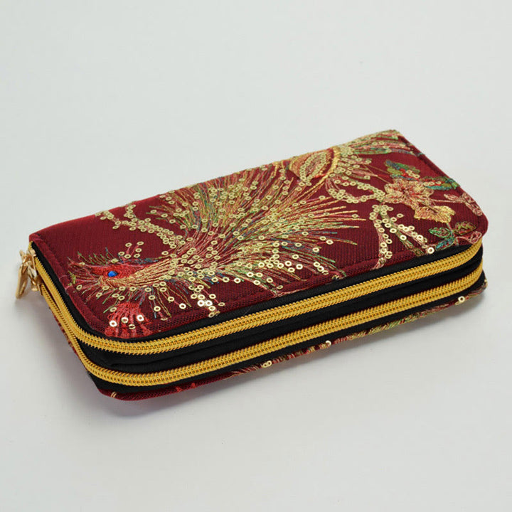 Porte-monnaie avec broderie recto verso en forme de paon et Buddha Stones - Paon rouge vin - image 8