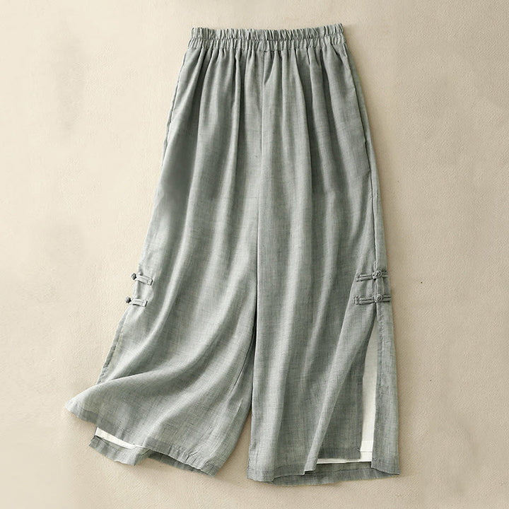 Pantalon large en coton et lin avec poches et ourlet fendu à boutons-pression Buddha Stones pour femme - Aigue-marine moyenne - US8-10，UK/AU12-14，EU40-42 (2XL) - image 18