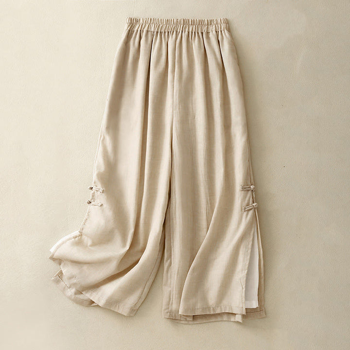 Pantalon large en coton et lin avec poches et ourlet fendu à boutons-pression Buddha Stones pour femme - Beige - US8-10，UK/AU12-14，EU40-42 (2XL) - image 1