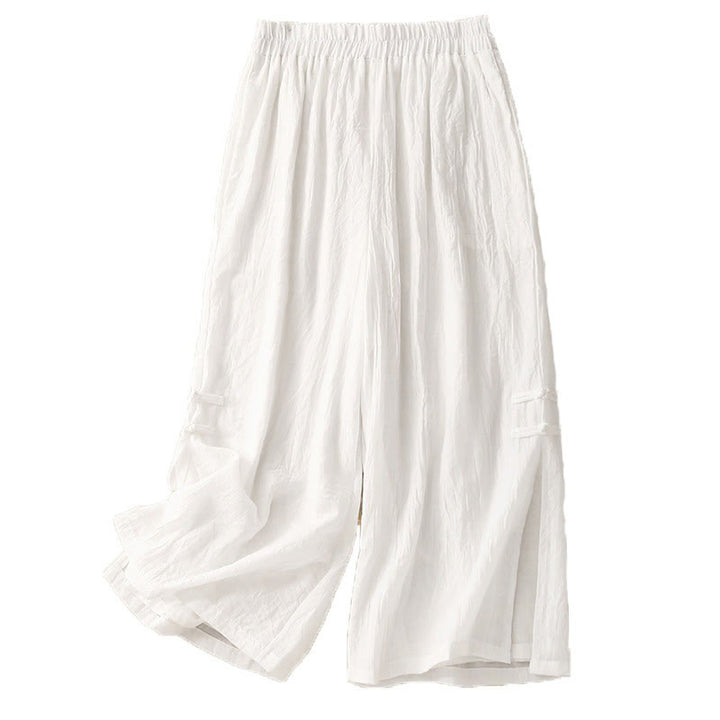Pantalon large en coton et lin avec poches et ourlet fendu à boutons-pression Buddha Stones pour femme - image 14