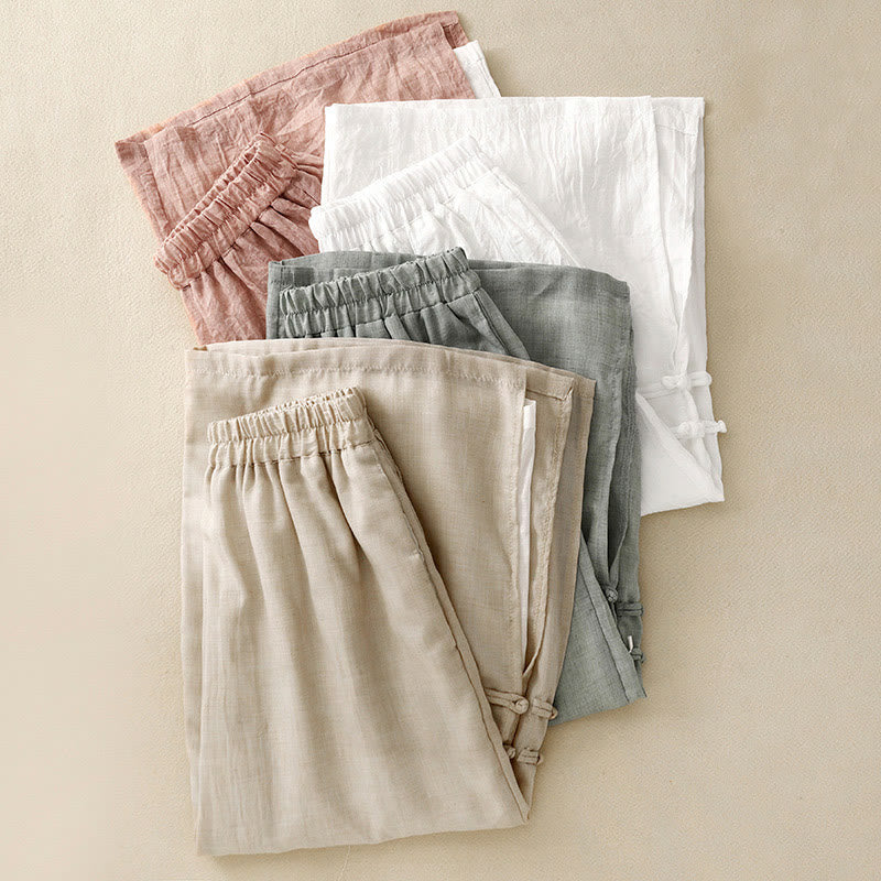 Pantalon large en coton et lin avec poches et ourlet fendu à boutons-pression Buddha Stones pour femme - image 20