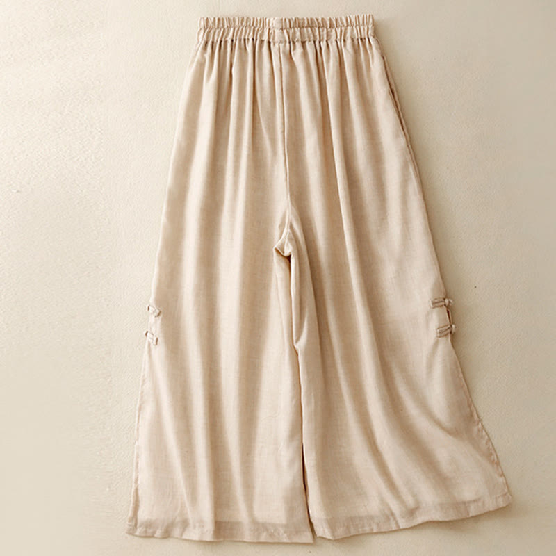 Pantalon large en coton et lin avec poches et ourlet fendu à boutons-pression Buddha Stones pour femme - image 2