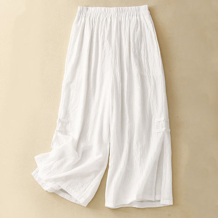 Pantalon large en coton et lin avec poches et ourlet fendu à boutons-pression Buddha Stones pour femme - Blanc - US8-10，UK/AU12-14，EU40-42 (2XL) - image 9