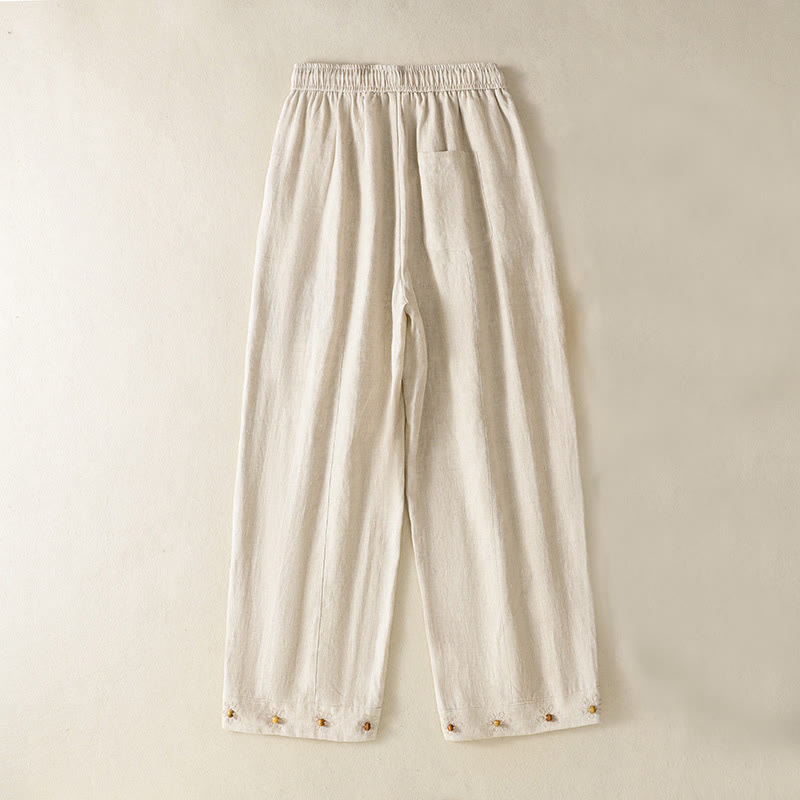Pantalon décontracté en coton à jambes larges et poches pour femme, avec cordon de serrage et perles brodées Buddha Stones - Beige - US8-10，UK/AU12-14，EU40-42 (2XL) - image 12
