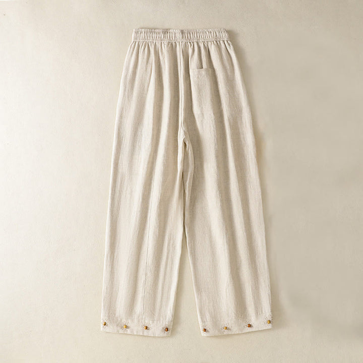 Pantalon décontracté en coton à jambes larges et poches pour femme, avec cordon de serrage et perles brodées Buddha Stones - Beige - US8-10，UK/AU12-14，EU40-42 (2XL) - image 12