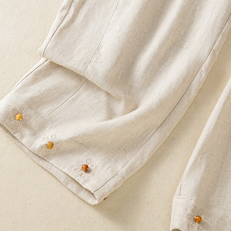 Pantalon décontracté en coton à jambes larges et poches pour femme, avec cordon de serrage et perles brodées Buddha Stones - image 21