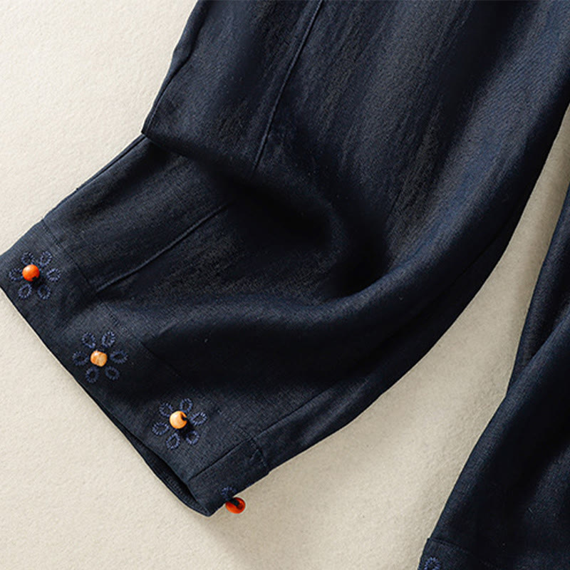 Pantalon décontracté en coton à jambes larges et poches pour femme, avec cordon de serrage et perles brodées Buddha Stones - image 4