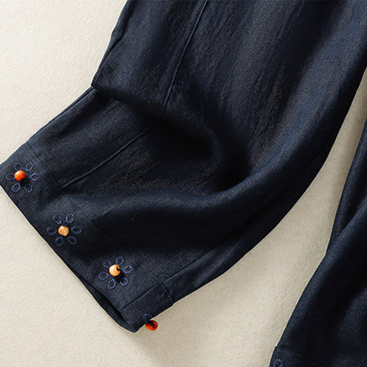 Pantalon décontracté en coton à jambes larges et poches pour femme, avec cordon de serrage et perles brodées Buddha Stones - image 4