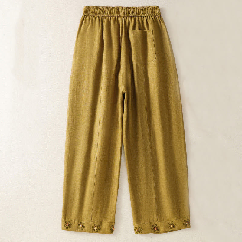 Pantalon décontracté en coton à jambes larges et poches pour femme, avec cordon de serrage et perles brodées Buddha Stones - Verge d'or foncée - US8-10，UK/AU12-14，EU40-42 (2XL) - image 7