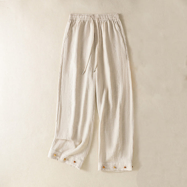 Pantalon décontracté en coton à jambes larges et poches pour femme, avec cordon de serrage et perles brodées Buddha Stones - image 14