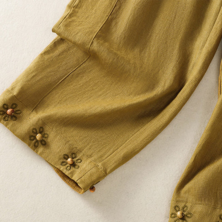 Pantalon décontracté en coton à jambes larges et poches pour femme, avec cordon de serrage et perles brodées Buddha Stones - image 11