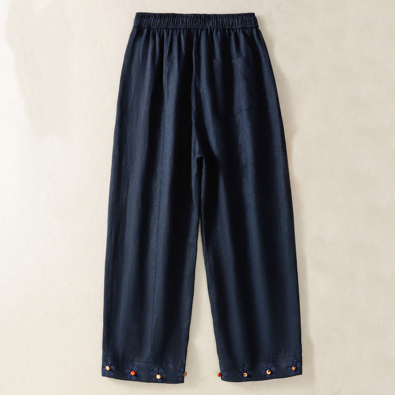 Pantalon décontracté en coton à jambes larges et poches pour femme, avec cordon de serrage et perles brodées Buddha Stones - image 1