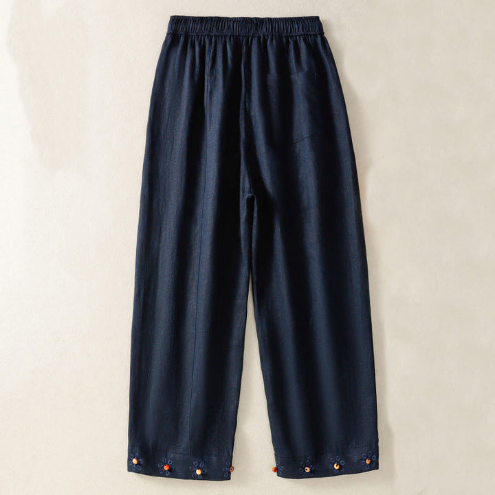 Pantalon décontracté en coton à jambes larges et poches pour femme, avec cordon de serrage et perles brodées Buddha Stones - image 1