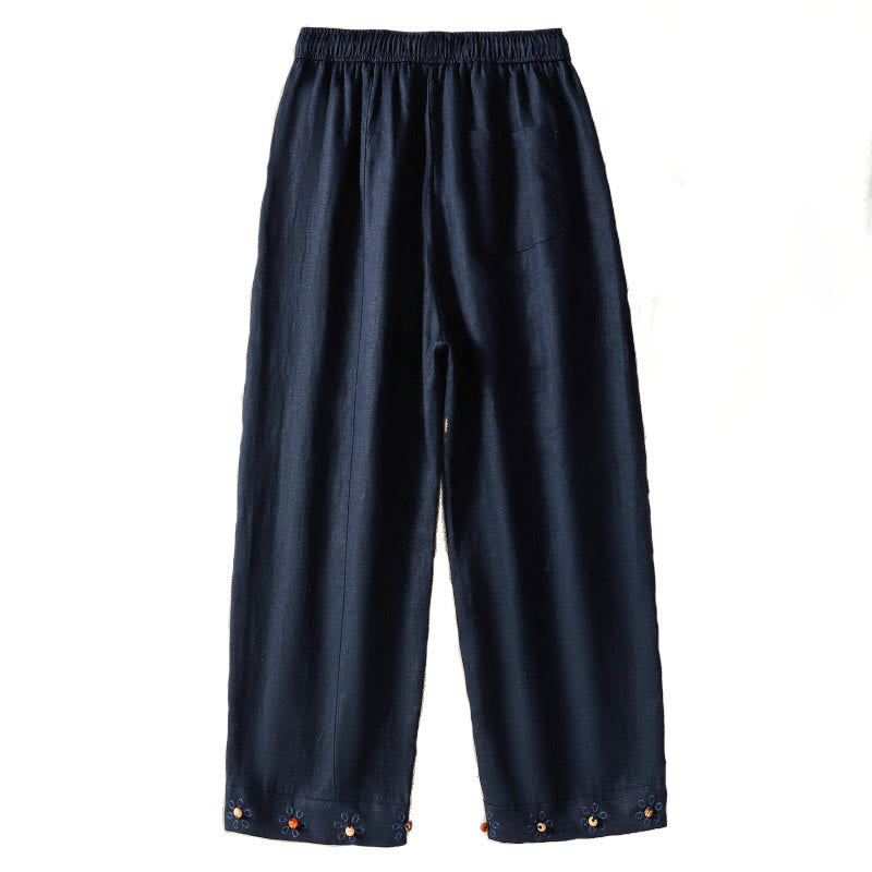 Pantalon décontracté en coton à jambes larges et poches pour femme, avec cordon de serrage et perles brodées Buddha Stones - image 5