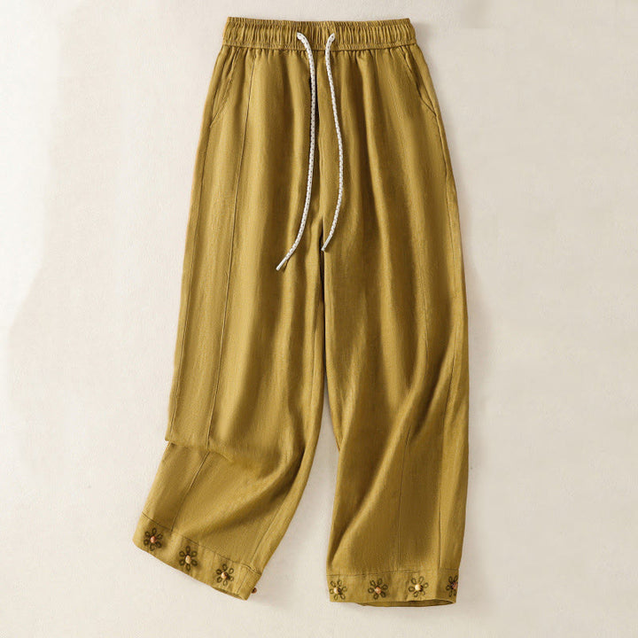Pantalon décontracté en coton à jambes larges et poches pour femme, avec cordon de serrage et perles brodées Buddha Stones - image 7