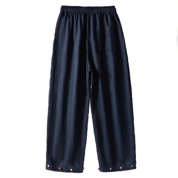 Pantalon décontracté en coton à jambes larges et poches pour femme, avec cordon de serrage et perles brodées Buddha Stones - image 6