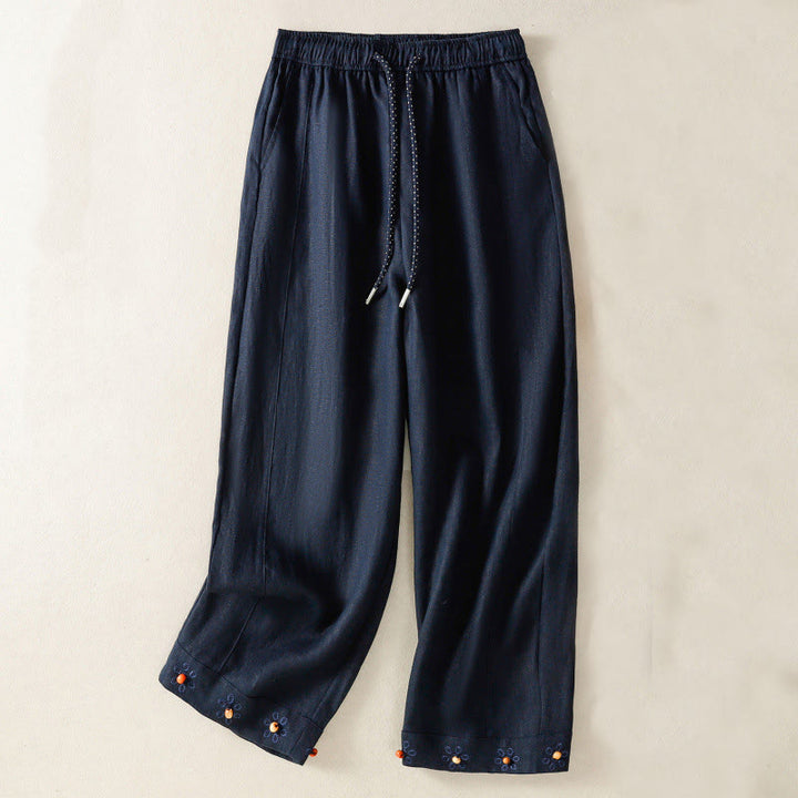 Pantalon décontracté en coton à jambes larges et poches pour femme, avec cordon de serrage et perles brodées Buddha Stones - Bleu nuit - US8-10，UK/AU12-14，EU40-42 (2XL) - image 0