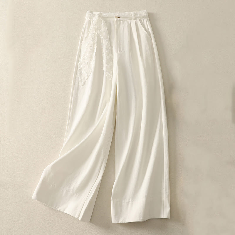 Pantalon large en coton avec poches et ceinture en dentelle de couleur Buddha Stones pour femme - Blanc - US8-10，UK/AU12-14，EU40-42 (2XL) - image 7