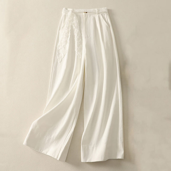 Pantalon large en coton avec poches et ceinture en dentelle de couleur Buddha Stones pour femme - Blanc - US8-10，UK/AU12-14，EU40-42 (2XL) - image 7