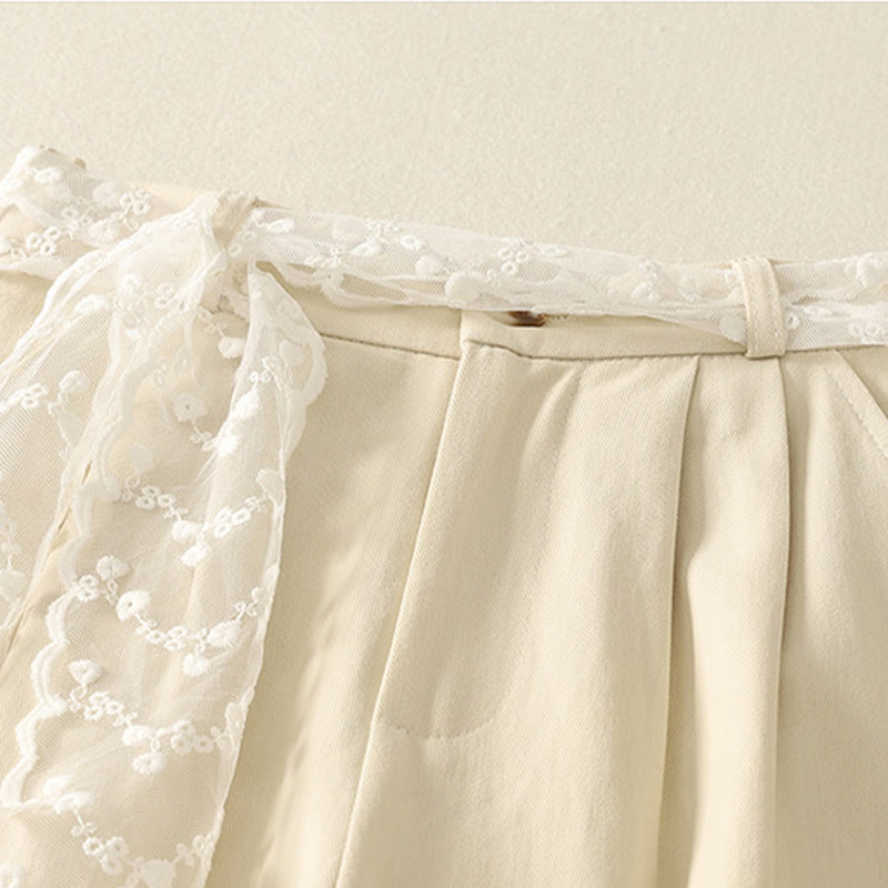 Pantalon large en coton avec poches et ceinture en dentelle de couleur Buddha Stones pour femme - image 1