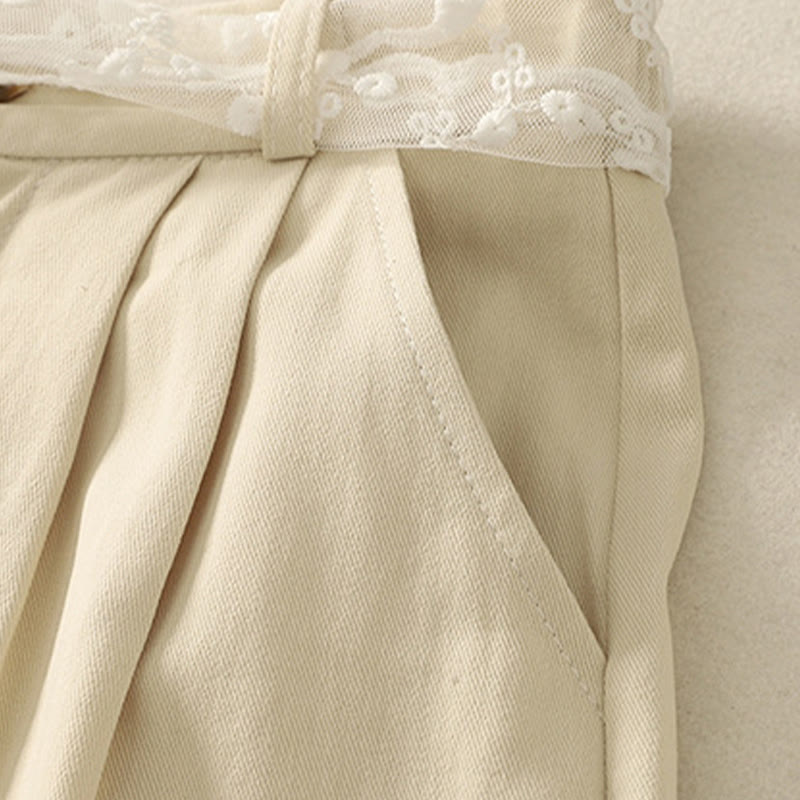 Pantalon large en coton avec poches et ceinture en dentelle de couleur Buddha Stones pour femme - image 2