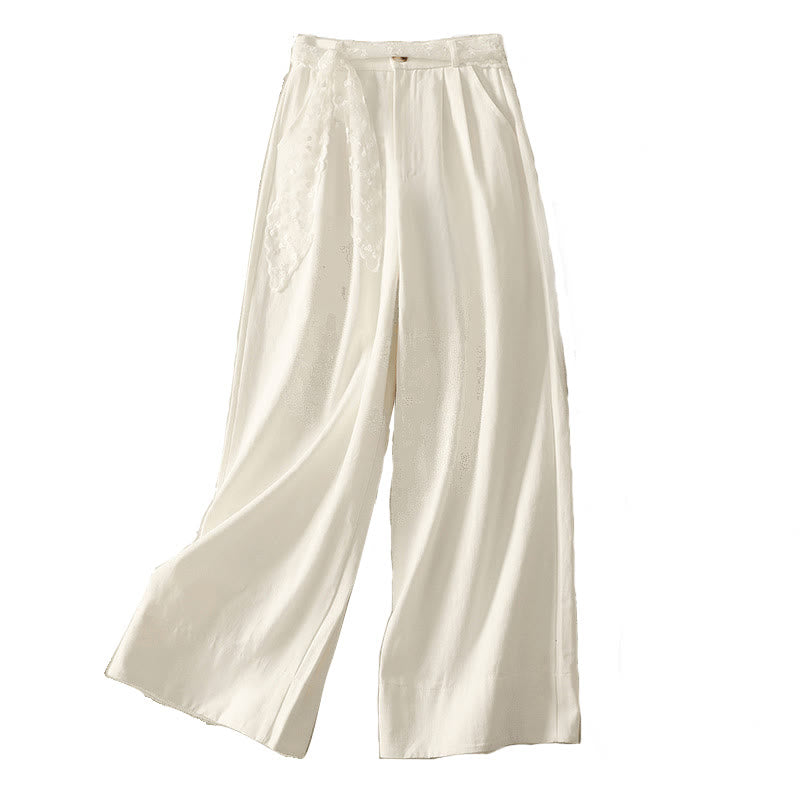Pantalon large en coton avec poches et ceinture en dentelle de couleur Buddha Stones pour femme - image 17