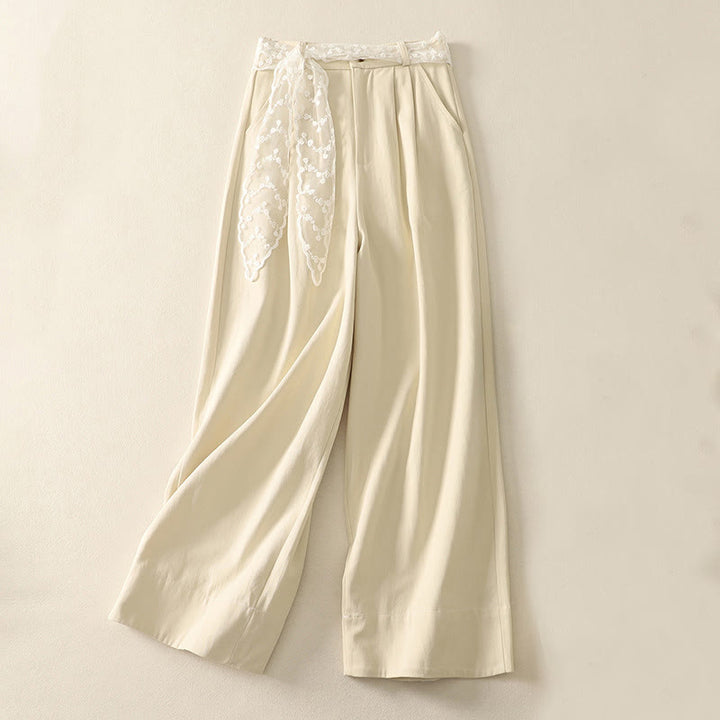 Pantalon large en coton avec poches et ceinture en dentelle de couleur Buddha Stones pour femme - Beige - US8-10，UK/AU12-14，EU40-42 (2XL) - image 1