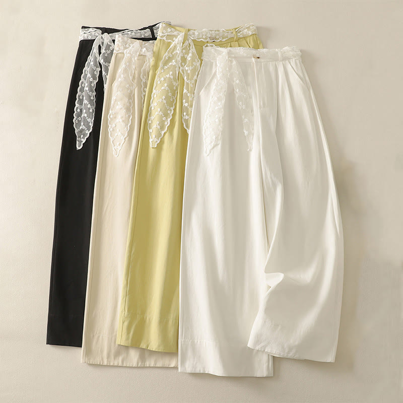 Pantalon large en coton avec poches et ceinture en dentelle de couleur Buddha Stones pour femme - image 28