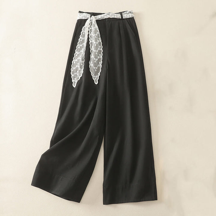 Pantalon large en coton avec poches et ceinture en dentelle de couleur Buddha Stones pour femme - Noir - US8-10，UK/AU12-14，EU40-42 (2XL) - image 18