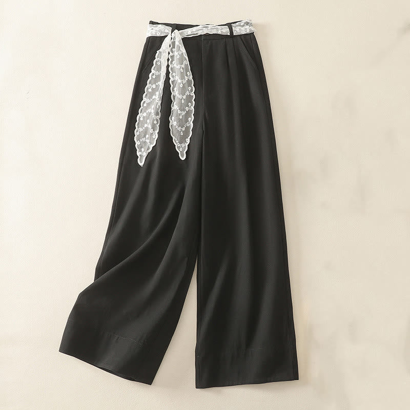 Pantalon large en coton avec poches et ceinture en dentelle de couleur Buddha Stones pour femme - Noir - US8-10，UK/AU12-14，EU40-42 (2XL) - image 17