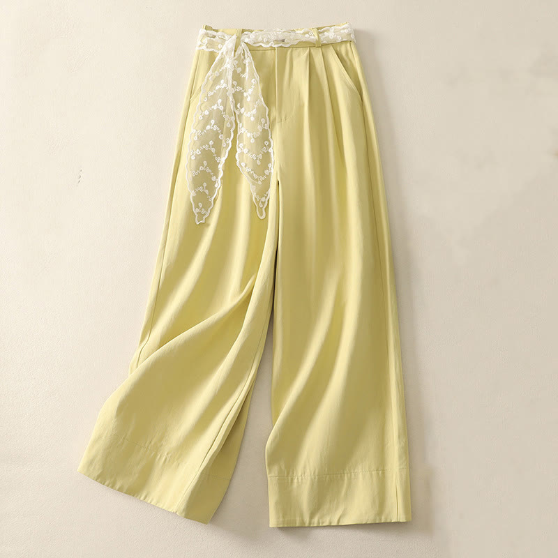 Pantalon large en coton avec poches et ceinture en dentelle de couleur Buddha Stones pour femme - Jaune clair - US8-10，UK/AU12-14，EU40-42 (2XL) - image 23