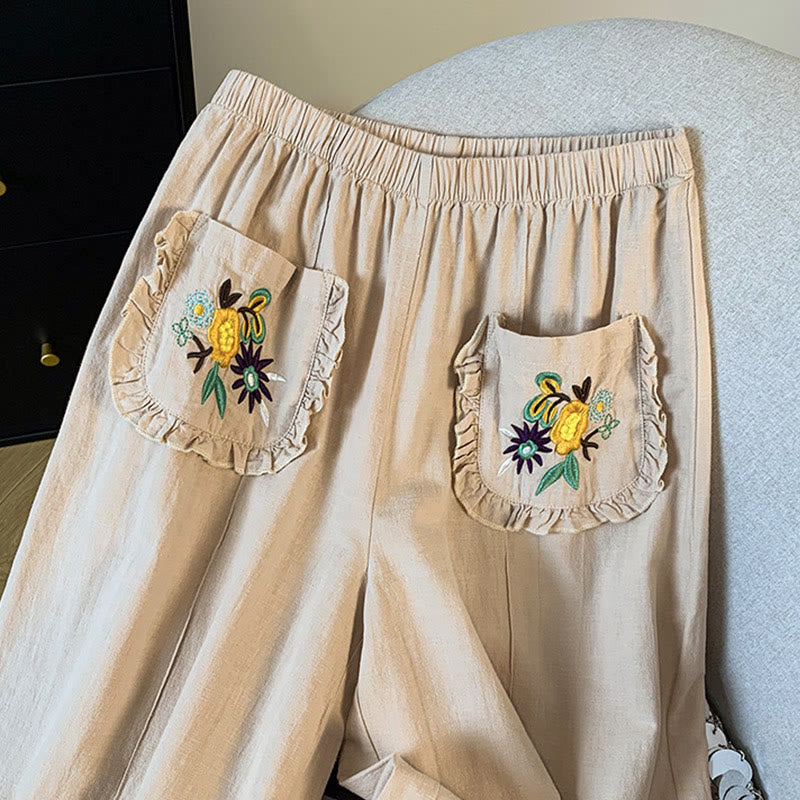 Pantalon décontracté beige brodé Buddha Stones pour femme, jambes larges, en coton et lin, avec poches - image 5